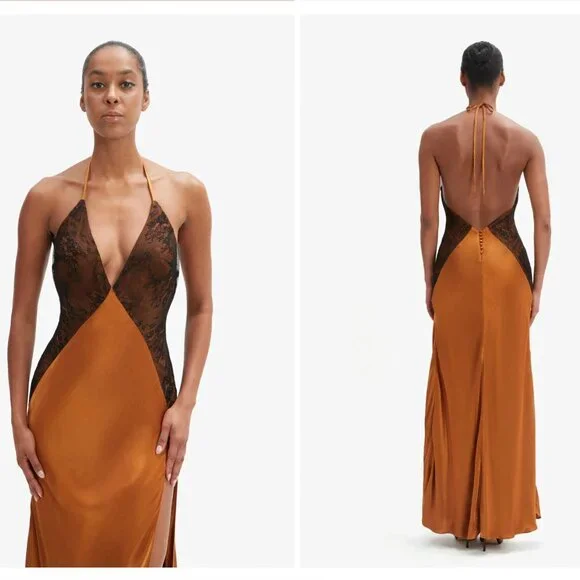 NWT Bardot Estrella Halter Maxi Dress US4 Toffee Lace Holiday Party Cocktail